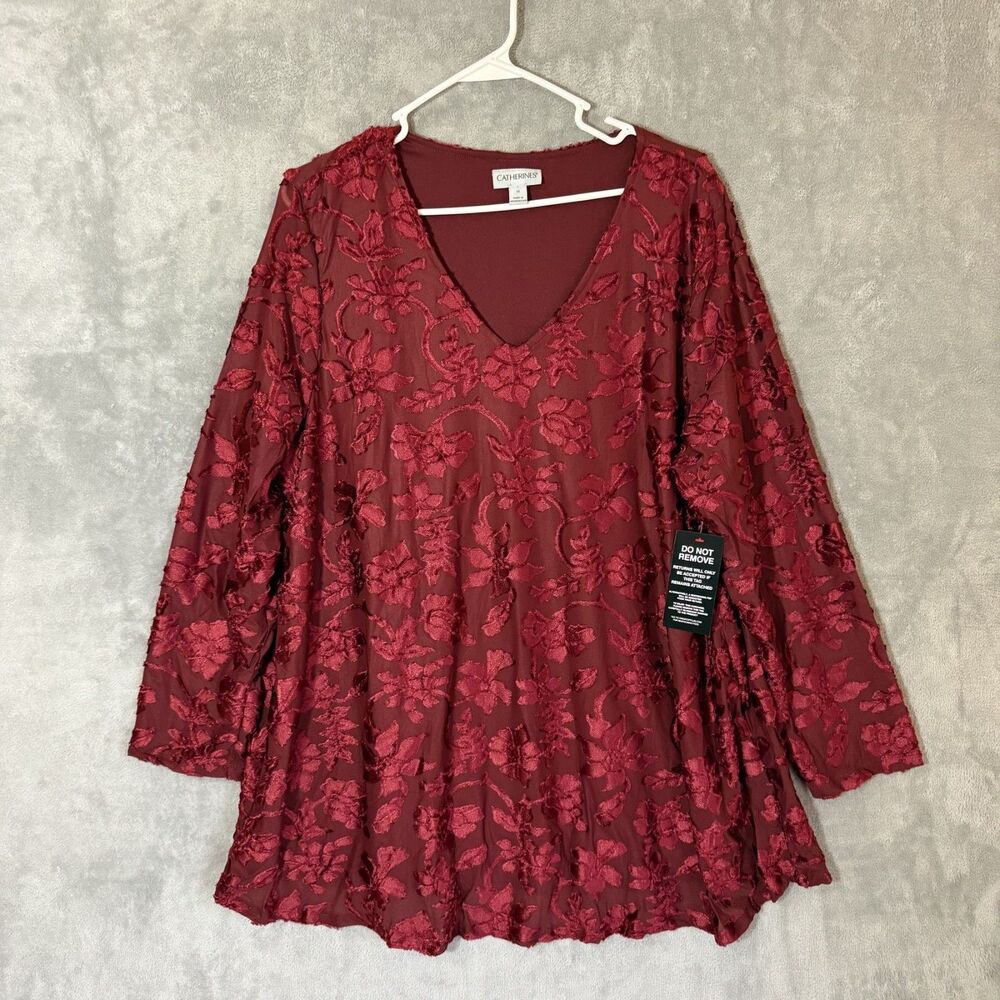NWT Catherine's Women Top 1X Burgundy Velvet Burnout Red Floral 3/4 Sleeve Tunic